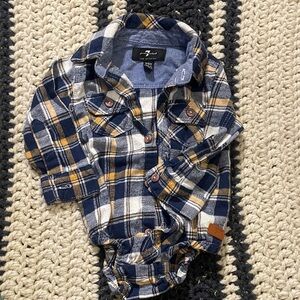 7 For All Mankind Navy, White & Mustard Plaid Button-Front Baby Onesie